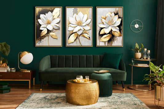 Tableau décoratif florale - Lotus - Tableaux triptyque avec Cadre américain "Enchanté"