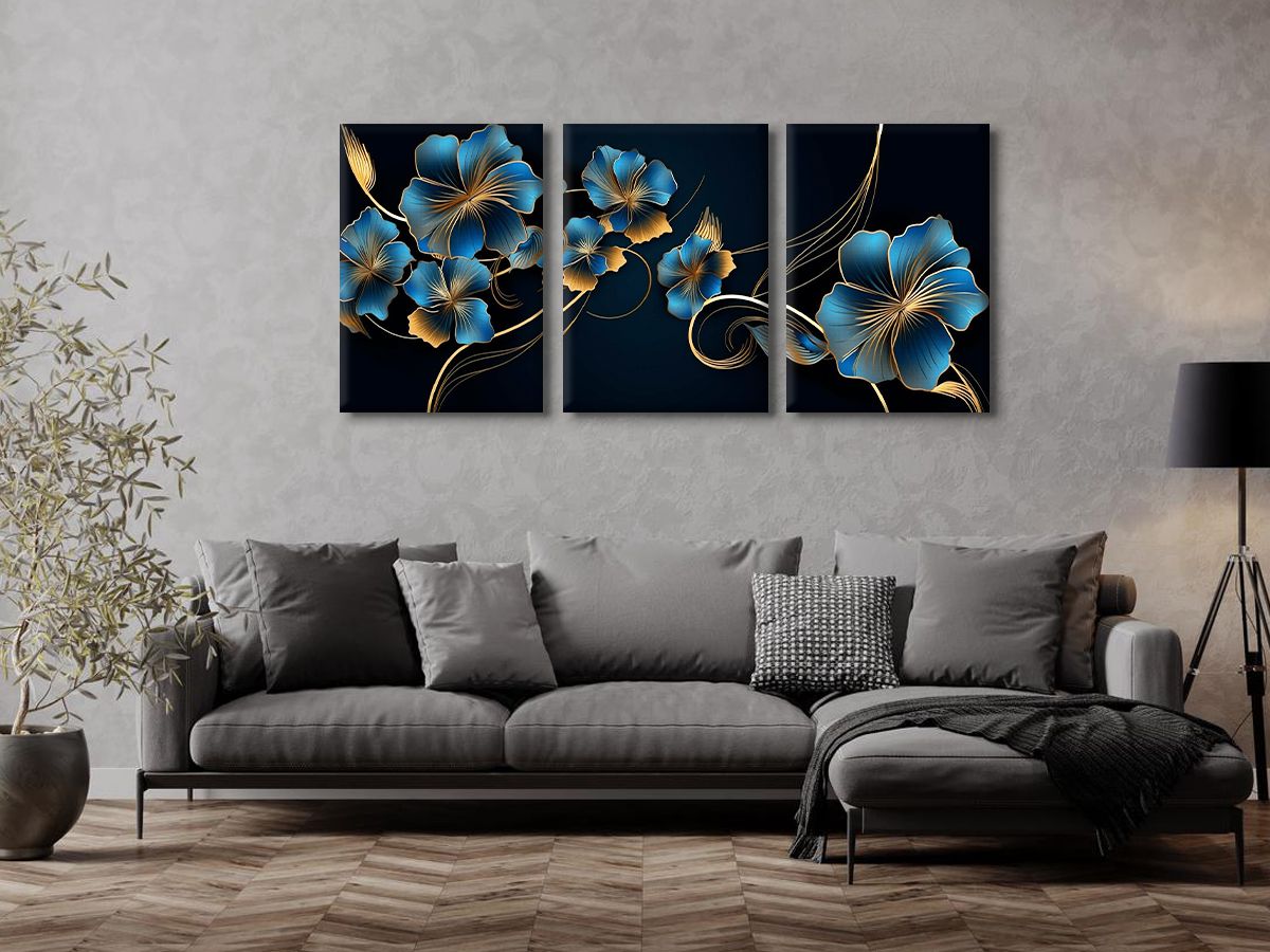 Tableau décoratif florale - Blue and black golden leaves - Tableaux triptyque "Sérénade"